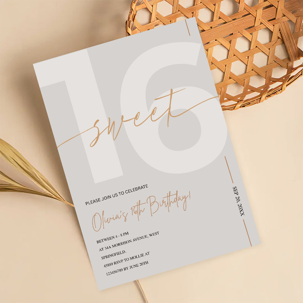 Modern Beige & Gold Sweet 16th Birthday Invitation – Editable Canva Template