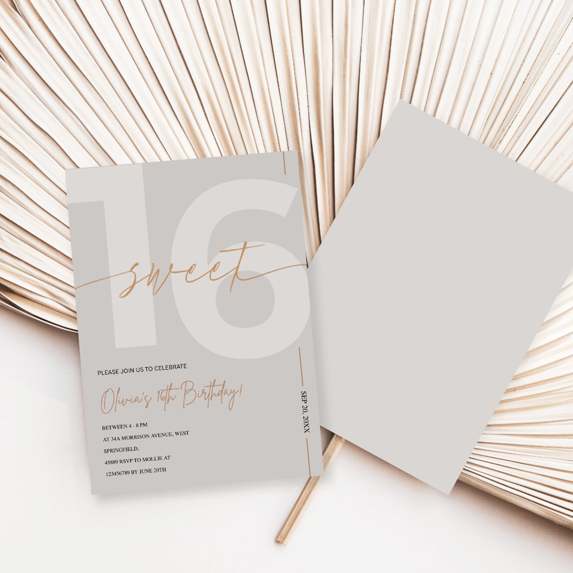 Modern Beige & Gold Sweet 16th Birthday Invitation – Editable Canva Template