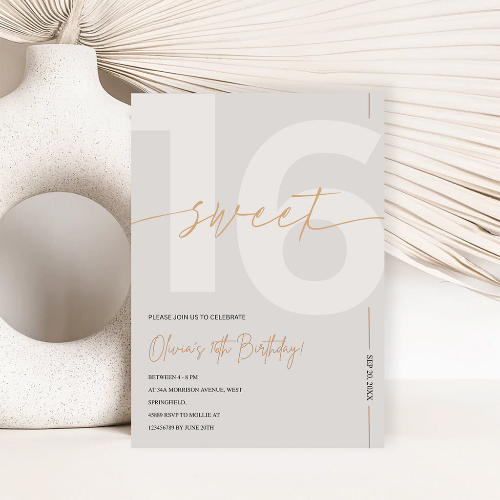 Modern Beige & Gold Sweet 16th Birthday Invitation – Editable Canva Template