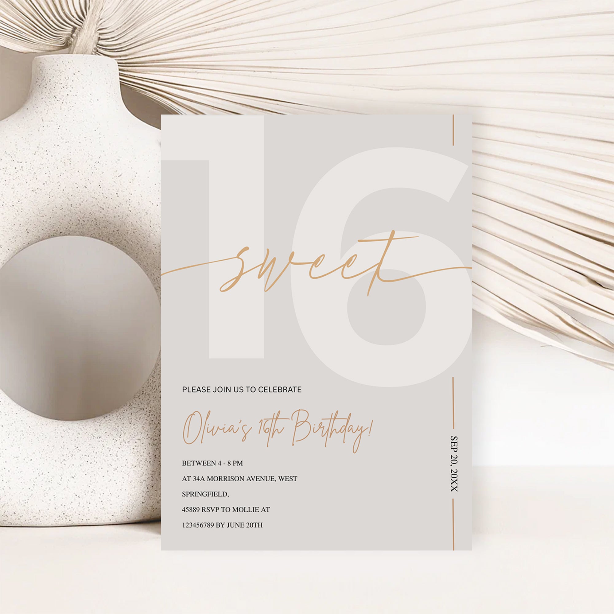 Modern Beige & Gold Sweet 16th Birthday Invitation – Editable Canva Template