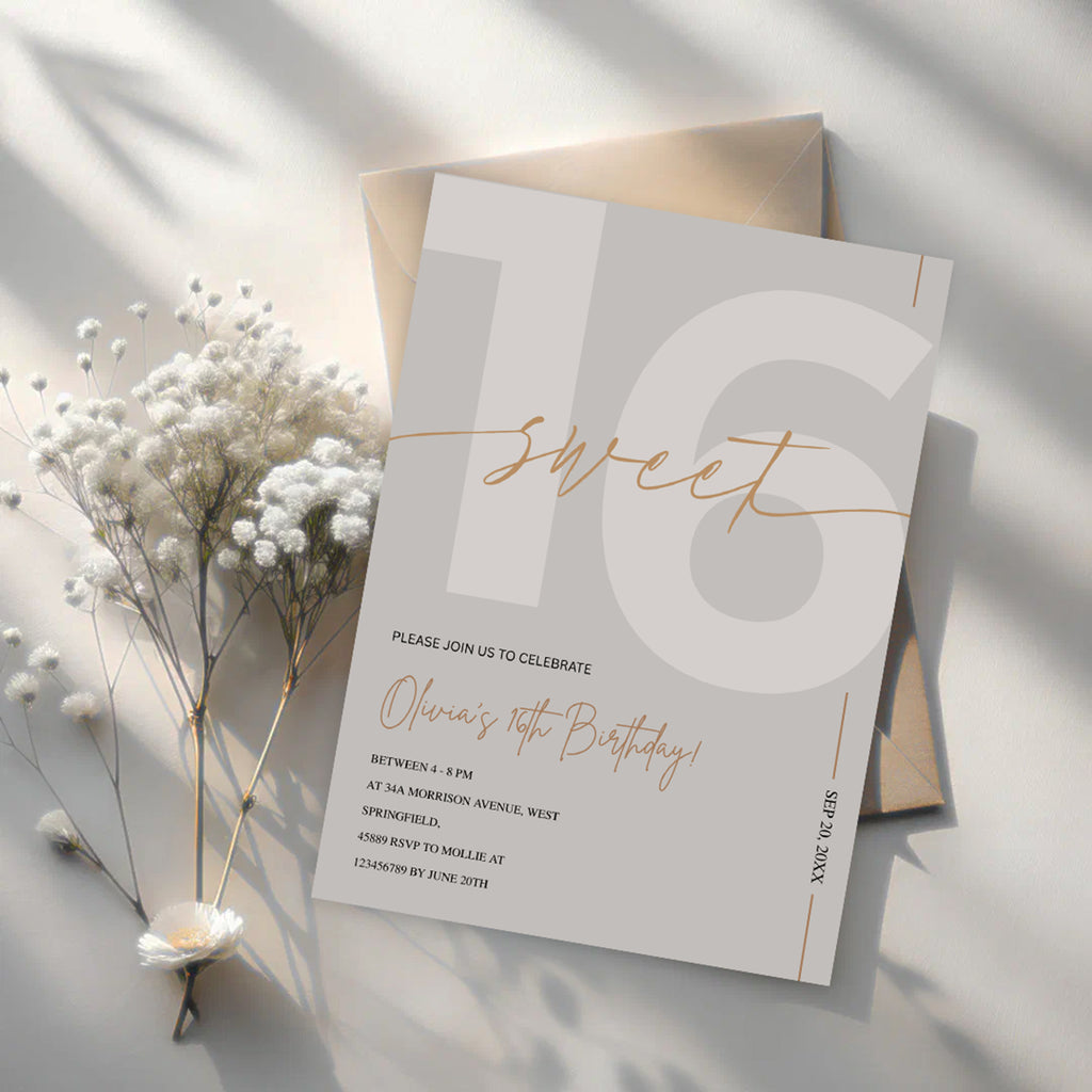 Modern Beige & Gold Sweet 16th Birthday Invitation – Editable Canva Template