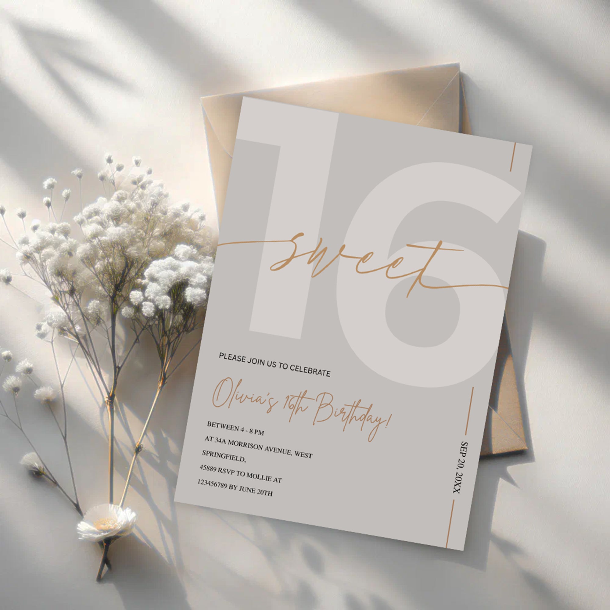 Modern Beige & Gold Sweet 16th Birthday Invitation – Editable Canva Template