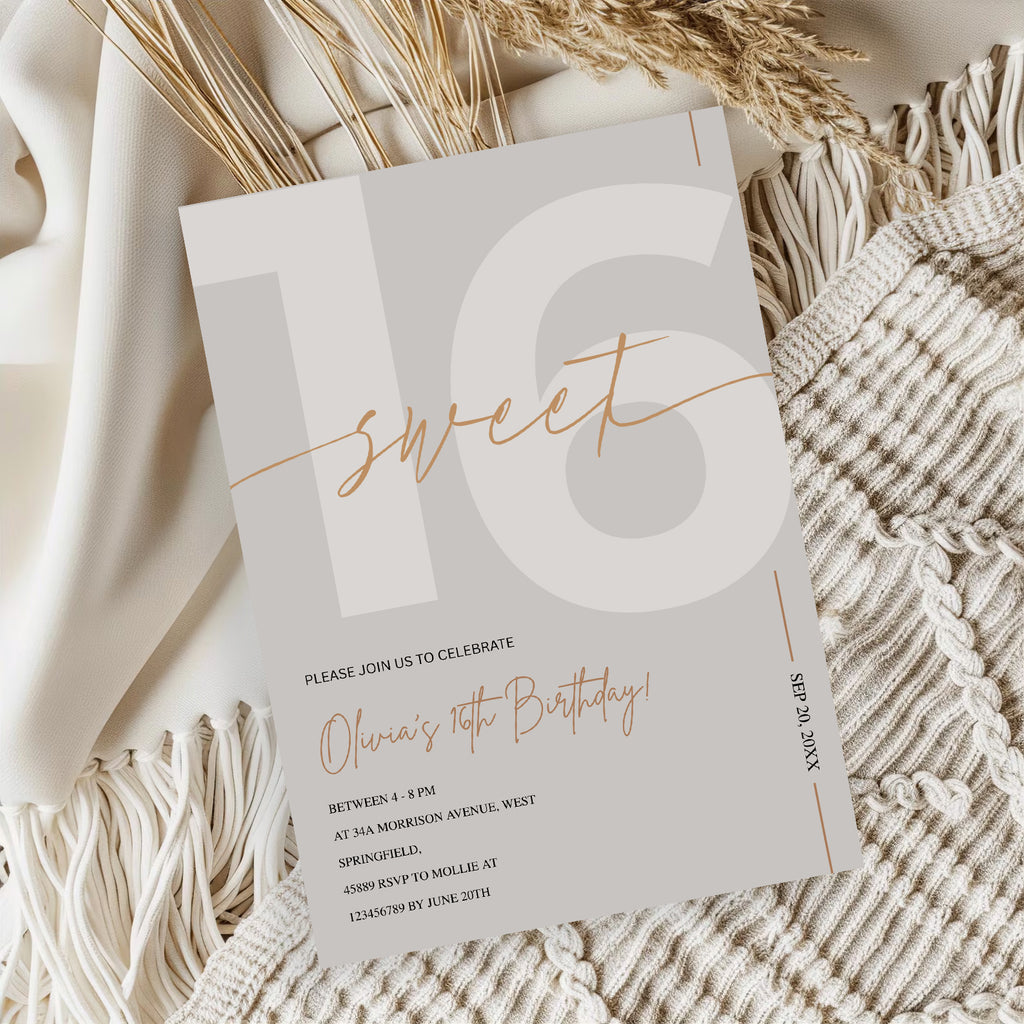 Modern Beige & Gold Sweet 16th Birthday Invitation – Editable Canva Template