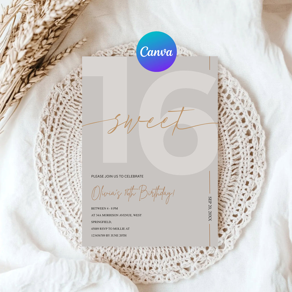 Modern Beige & Gold Sweet 16th Birthday Invitation – Editable Canva Template
