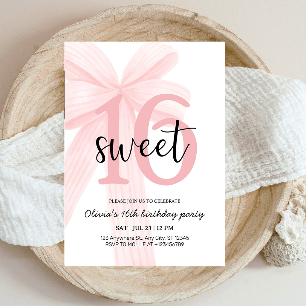 Elegant Pink Coquette Bow Sweet 16 Birthday Invitation – Editable Canva Template