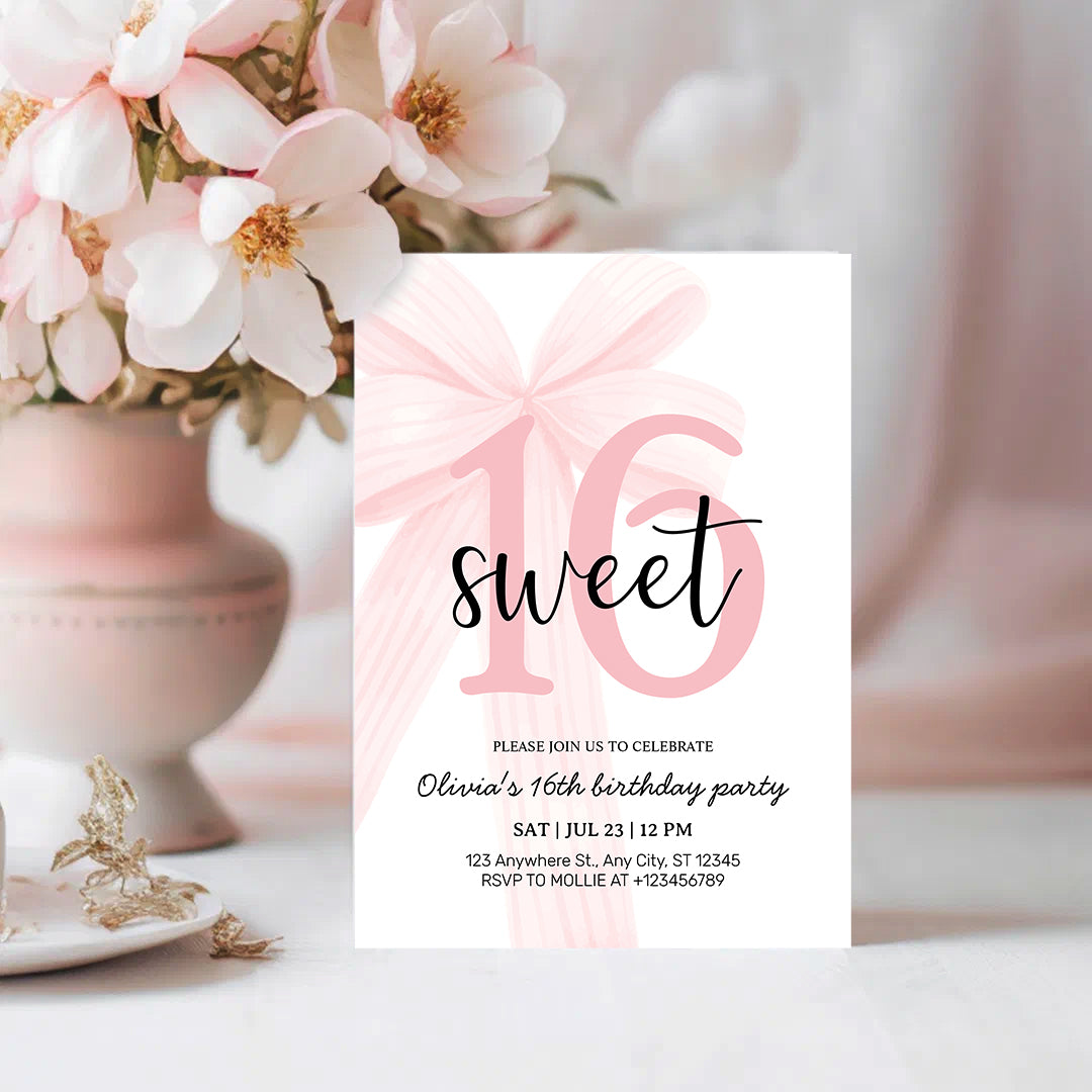 Elegant Pink Coquette Bow Sweet 16 Birthday Invitation – Editable Canva Template