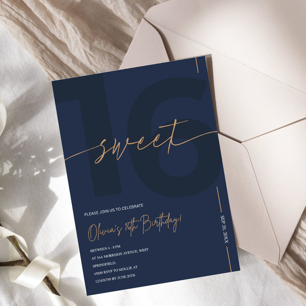 Modern Navy Blue & Gold Sweet 16th Birthday Invitation – Editable Canva Template
