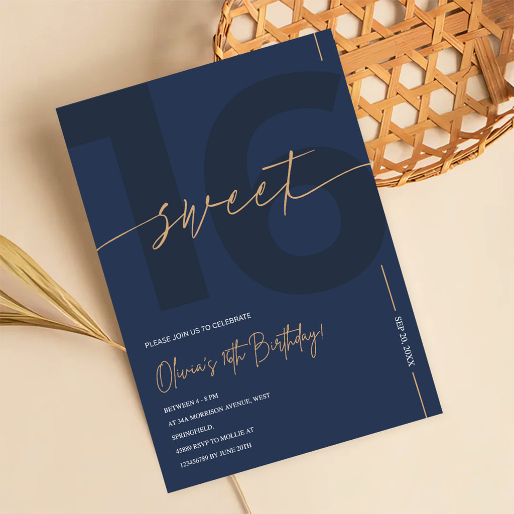 Modern Navy Blue & Gold Sweet 16th Birthday Invitation – Editable Canva Template