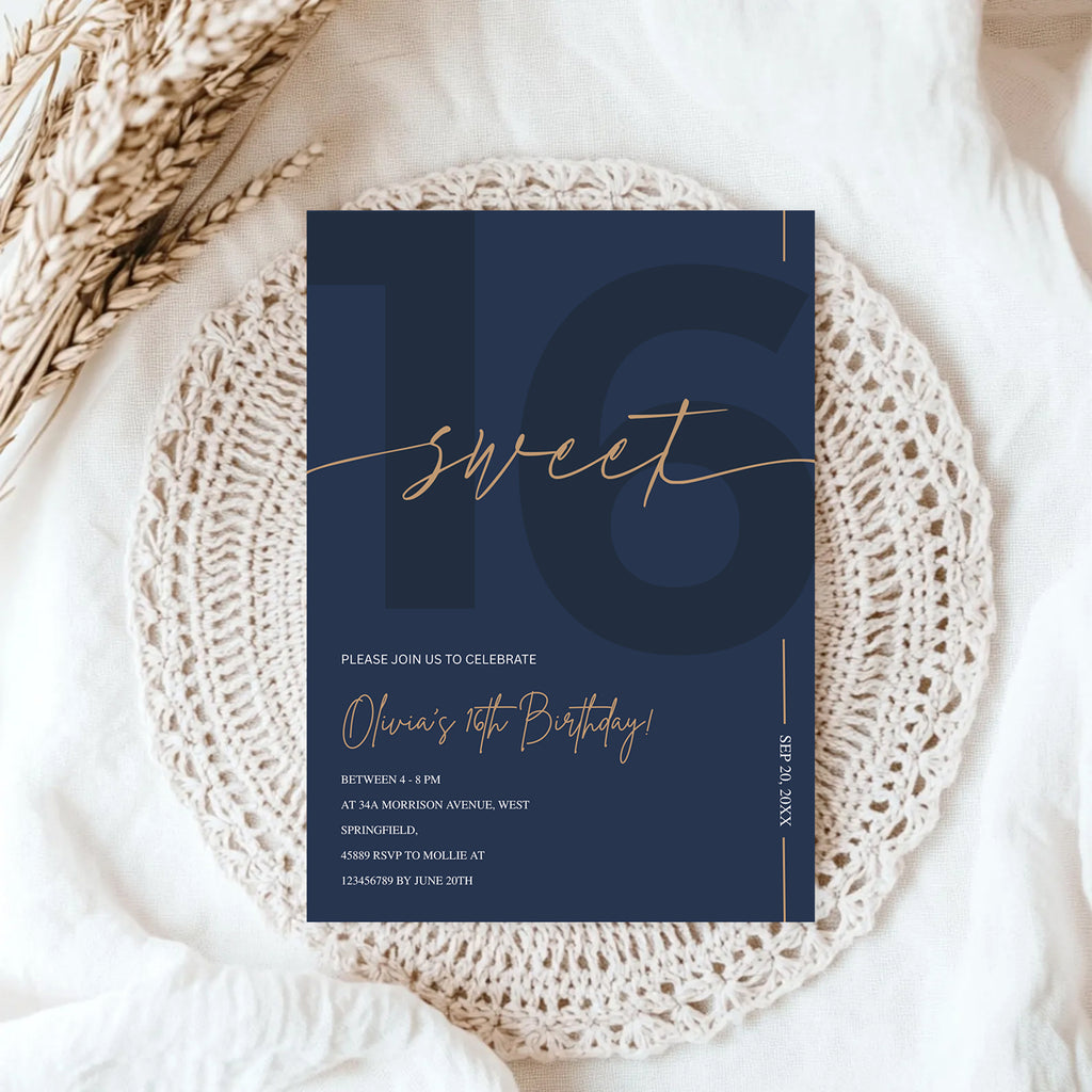 Modern Navy Blue & Gold Sweet 16th Birthday Invitation – Editable Canva Template