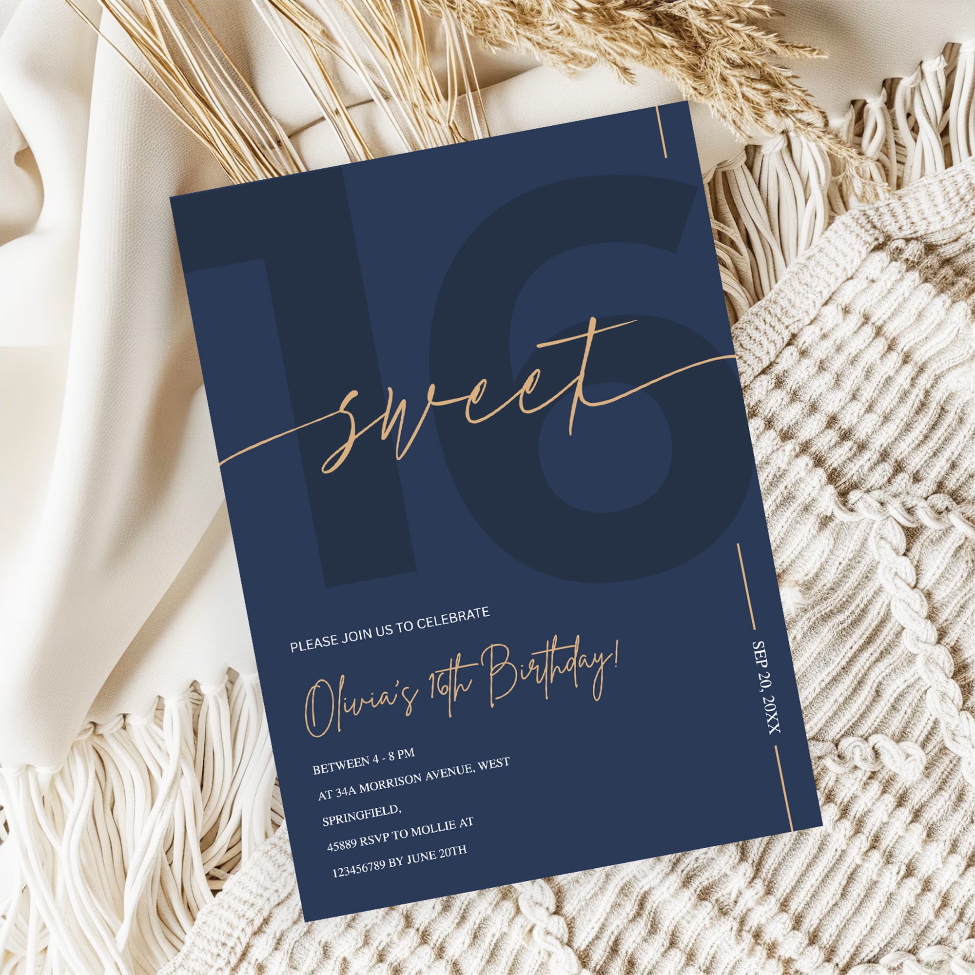 Modern Navy Blue & Gold Sweet 16th Birthday Invitation – Editable Canva Template