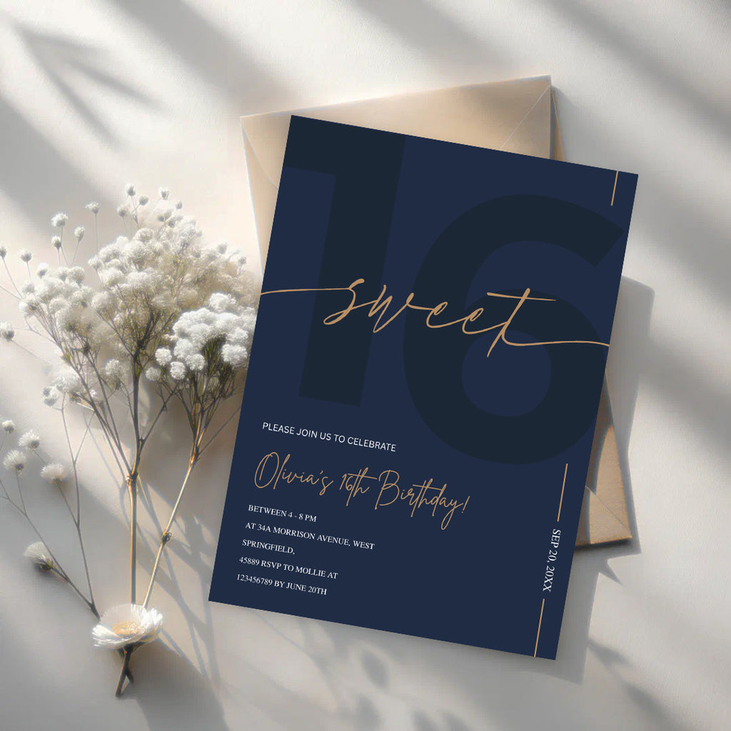 Modern Navy Blue & Gold Sweet 16th Birthday Invitation – Editable Canva Template