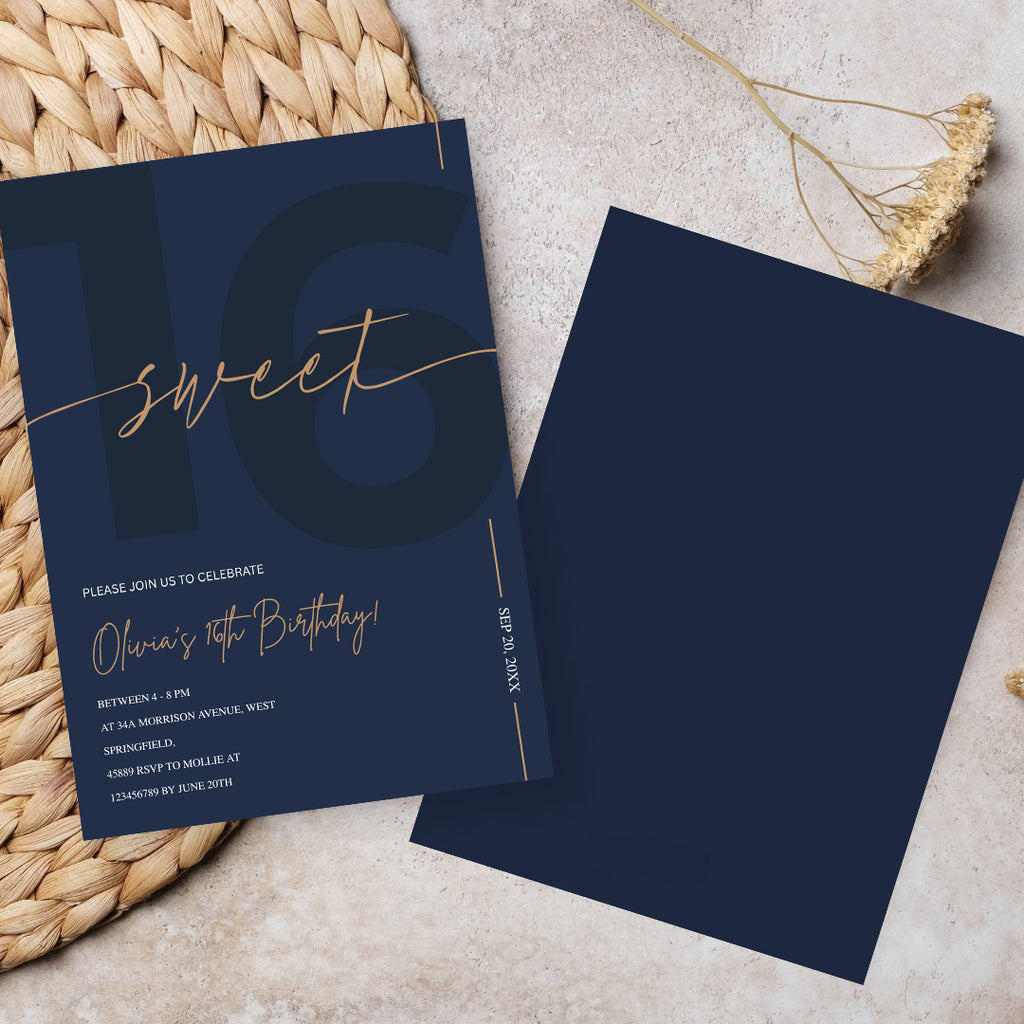 Modern Navy Blue & Gold Sweet 16th Birthday Invitation – Editable Canva Template