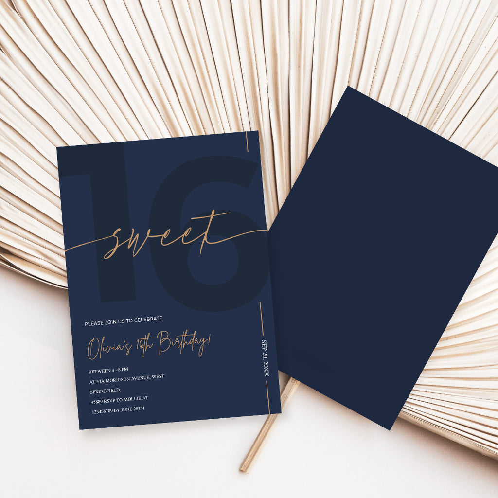 Modern Navy Blue & Gold Sweet 16th Birthday Invitation – Editable Canva Template