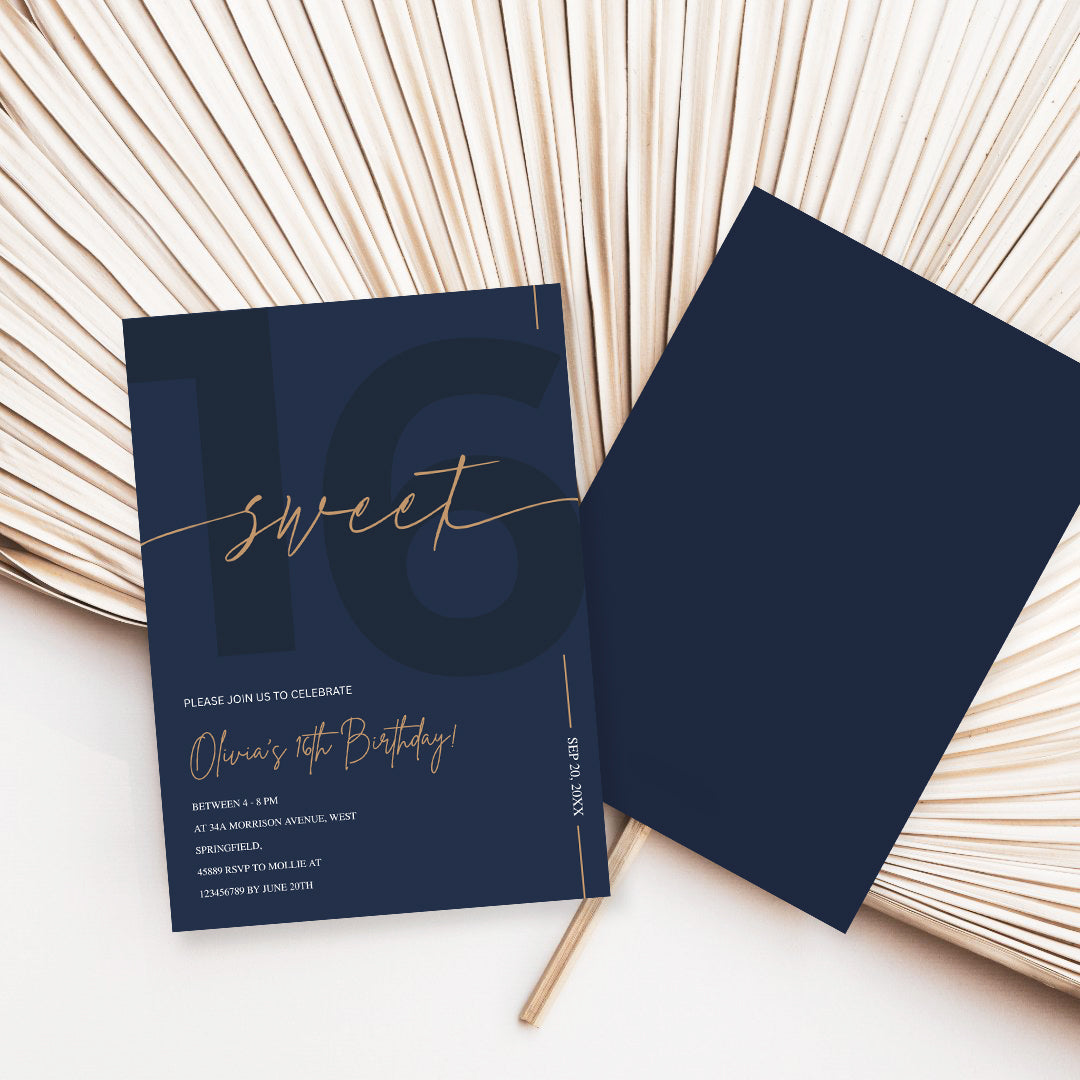 Modern Navy Blue & Gold Sweet 16th Birthday Invitation – Editable Canva Template