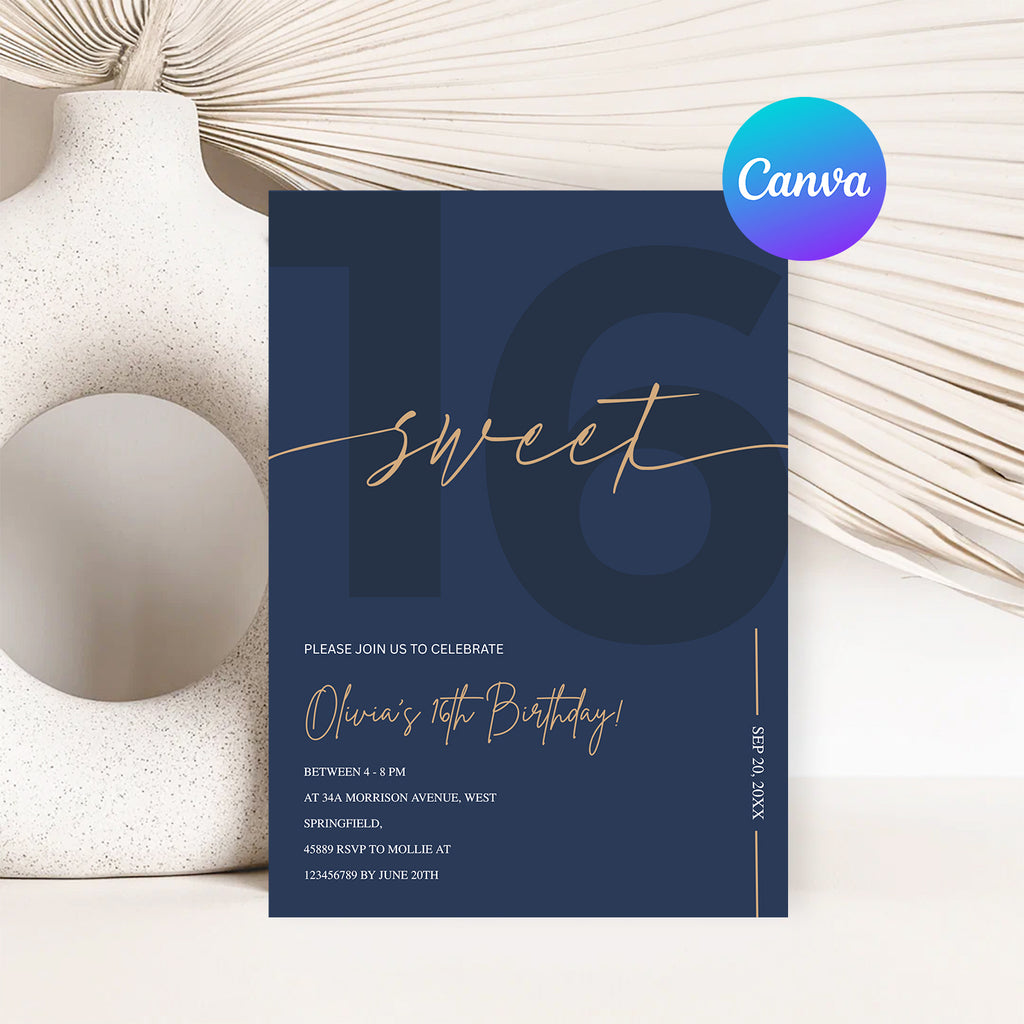 Modern Navy Blue & Gold Sweet 16th Birthday Invitation – Editable Canva Template