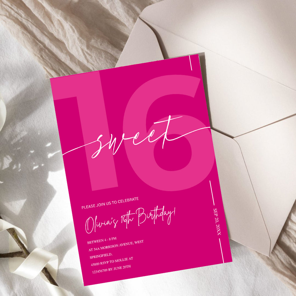 Modern Pink Sweet 16th Birthday Invitation – Editable Canva Template