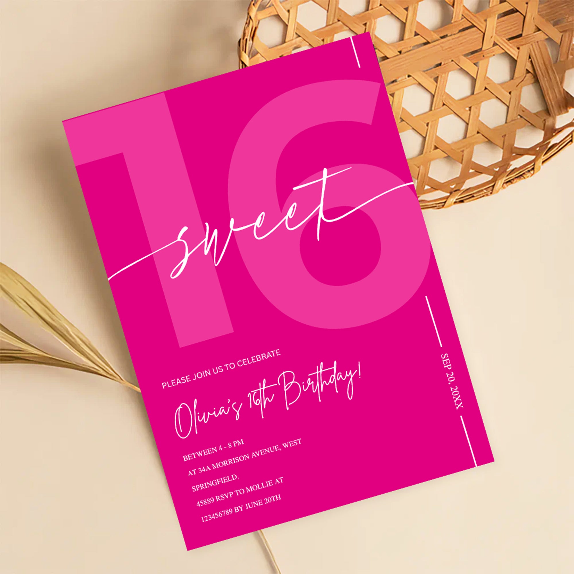 Modern Pink Sweet 16th Birthday Invitation – Editable Canva Template