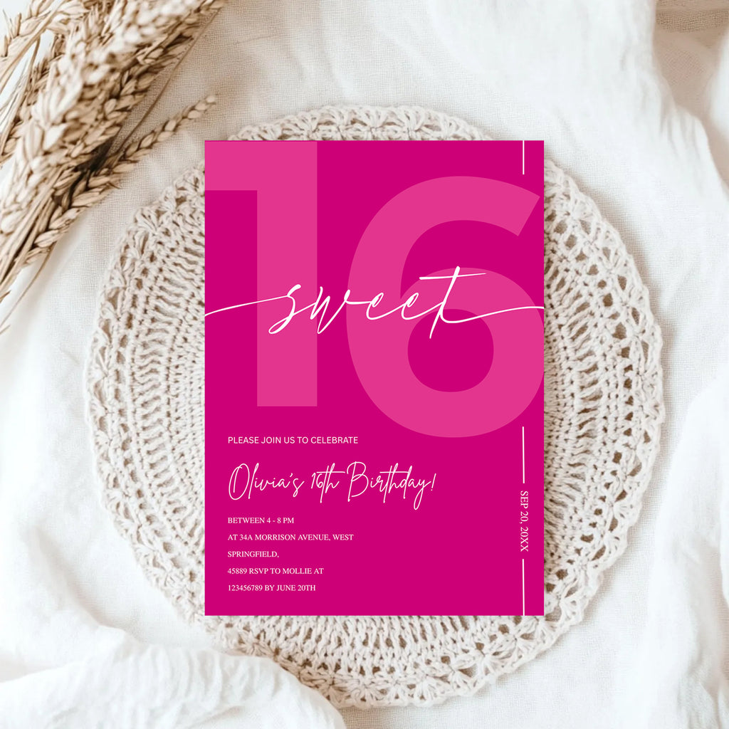 Modern Pink Sweet 16th Birthday Invitation – Editable Canva Template