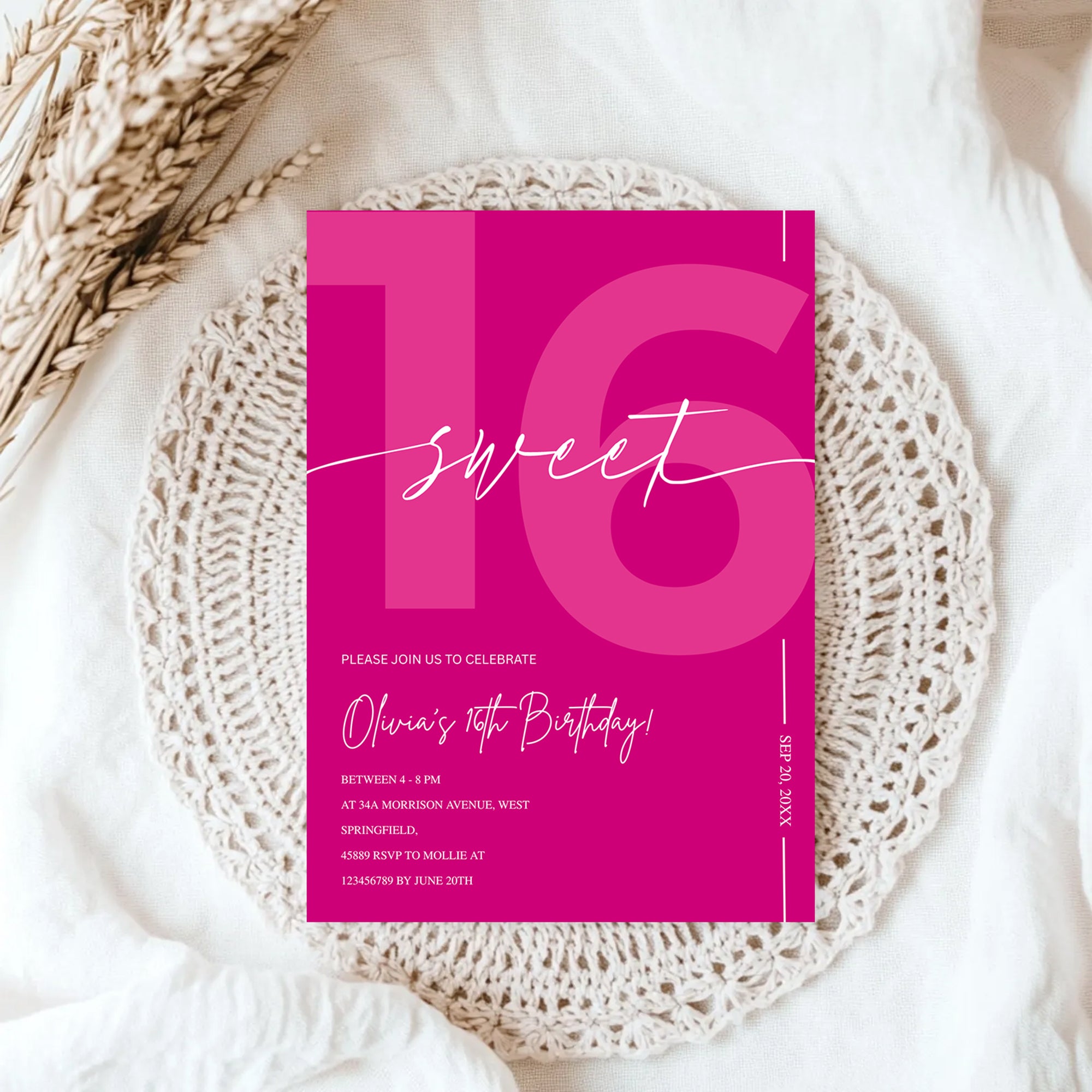 Modern Pink Sweet 16th Birthday Invitation – Editable Canva Template
