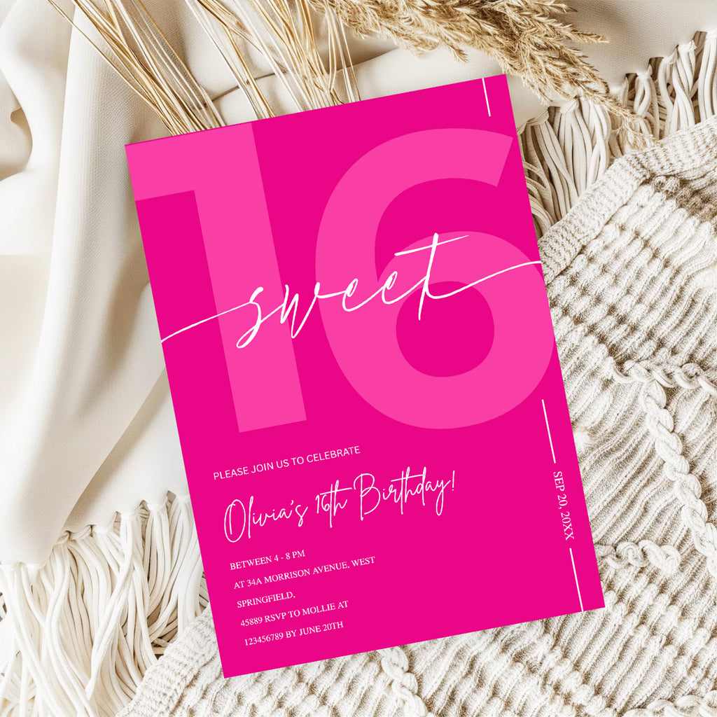Modern Pink Sweet 16th Birthday Invitation – Editable Canva Template