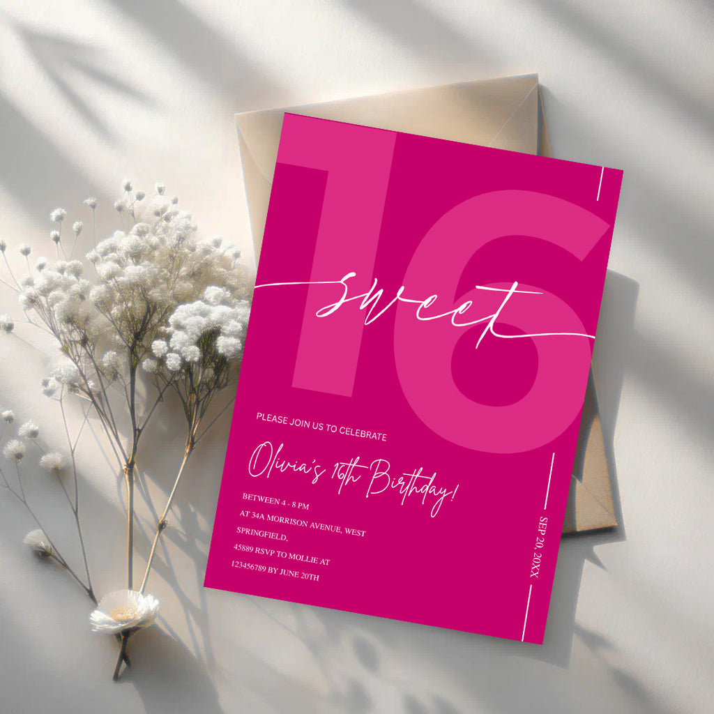 Modern Pink Sweet 16th Birthday Invitation – Editable Canva Template