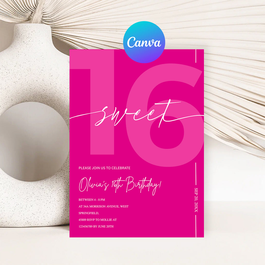 Modern Pink Sweet 16th Birthday Invitation – Editable Canva Template