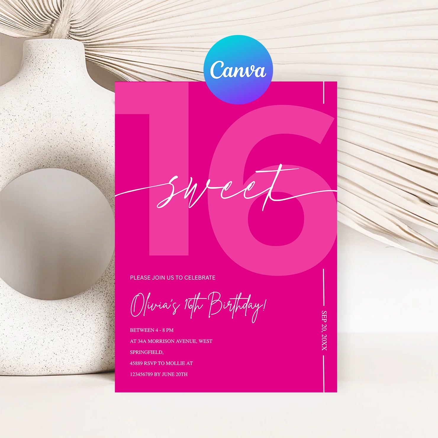 Modern Pink Sweet 16th Birthday Invitation – Editable Canva Template