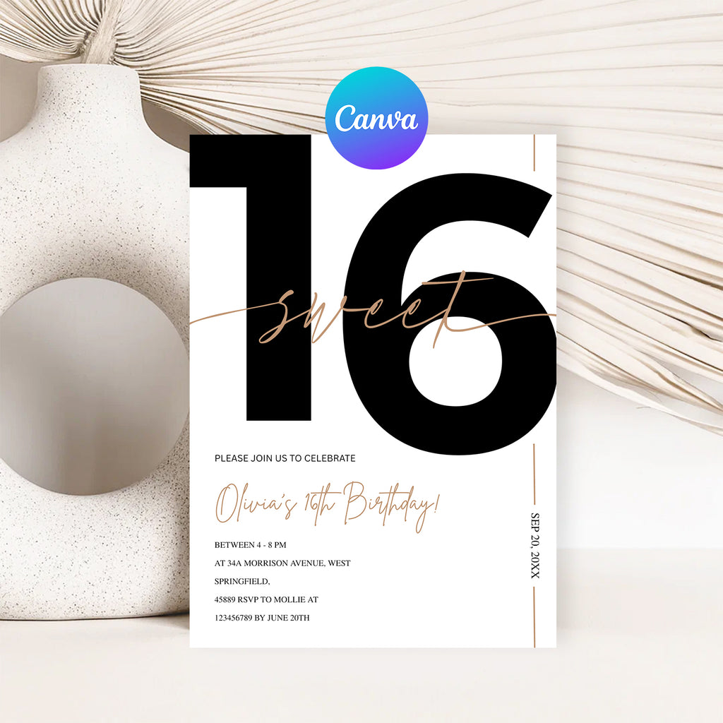 Modern White & Gold Sweet 16th Birthday Invitation – Editable Canva Template