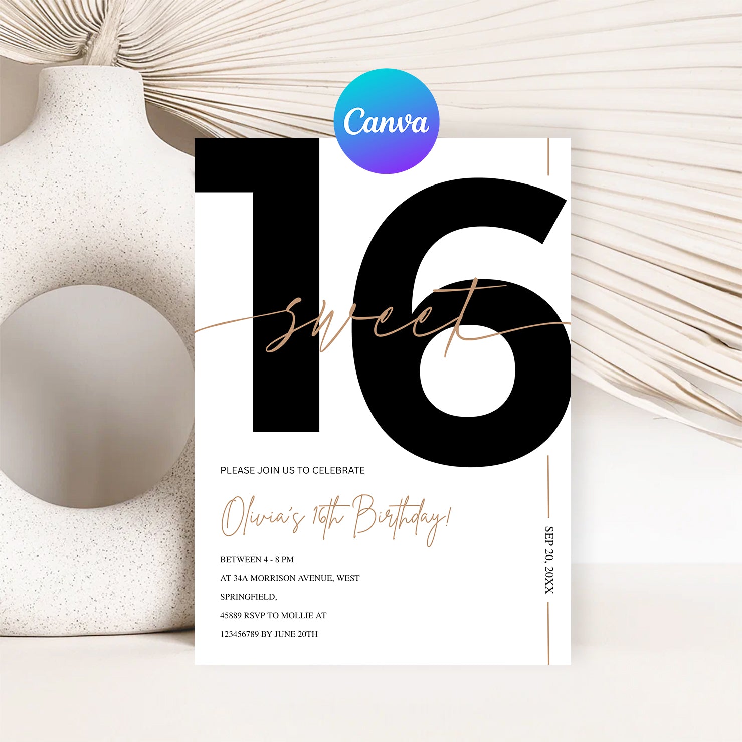 Modern White & Gold Sweet 16th Birthday Invitation – Editable Canva Template
