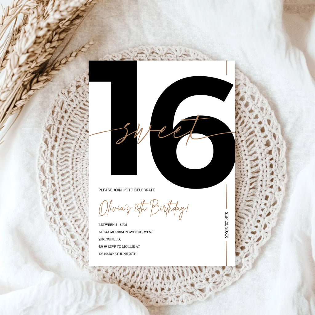 Modern White & Gold Sweet 16th Birthday Invitation – Editable Canva Template