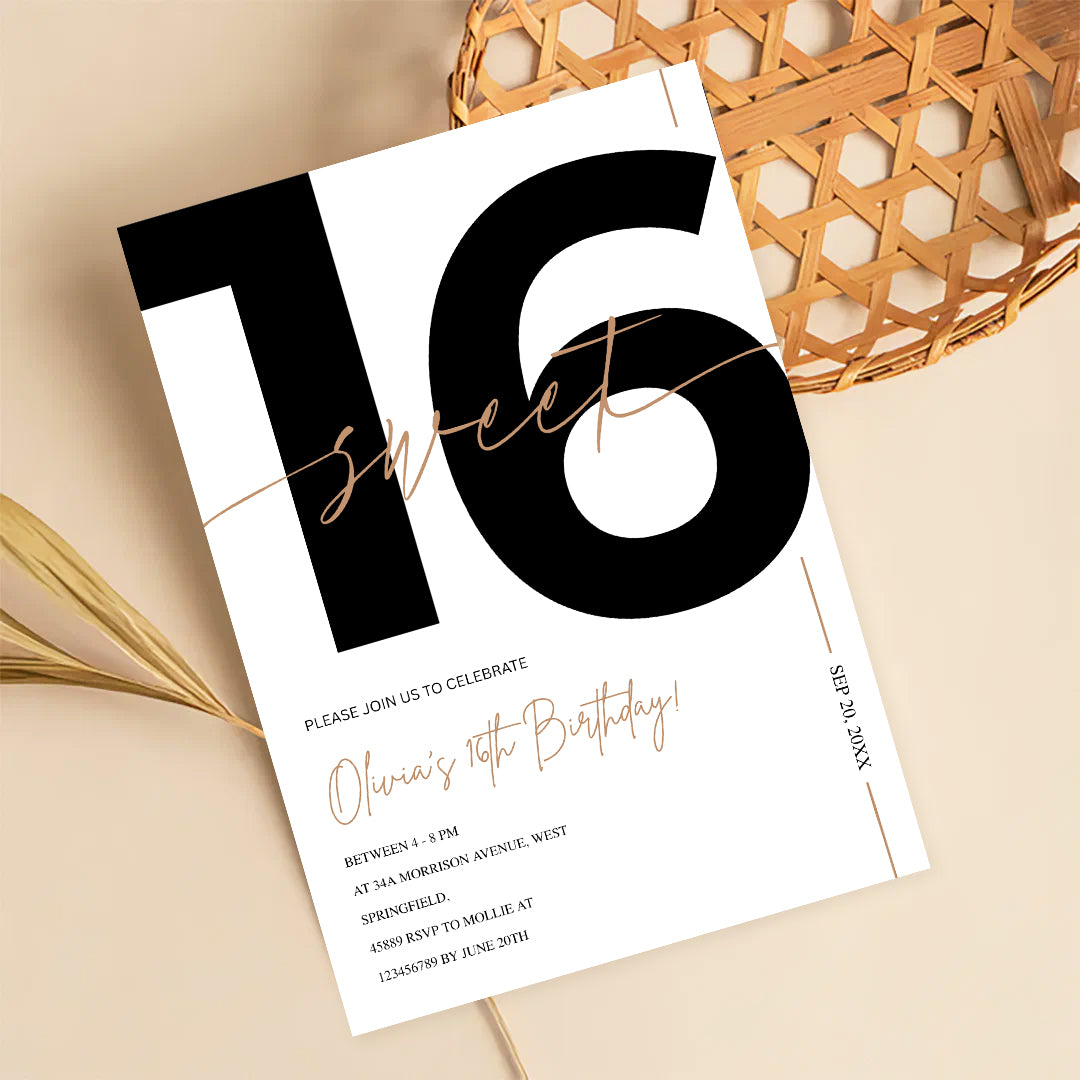 Modern White & Gold Sweet 16th Birthday Invitation – Editable Canva Template