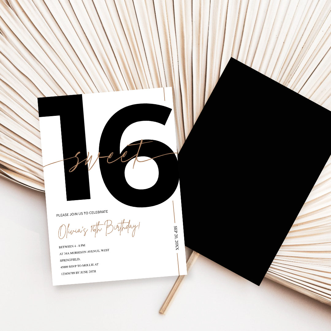 Modern White & Gold Sweet 16th Birthday Invitation – Editable Canva Template