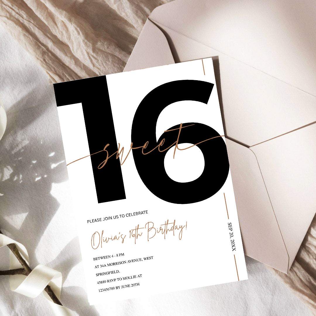 Modern White & Gold Sweet 16th Birthday Invitation – Editable Canva Template