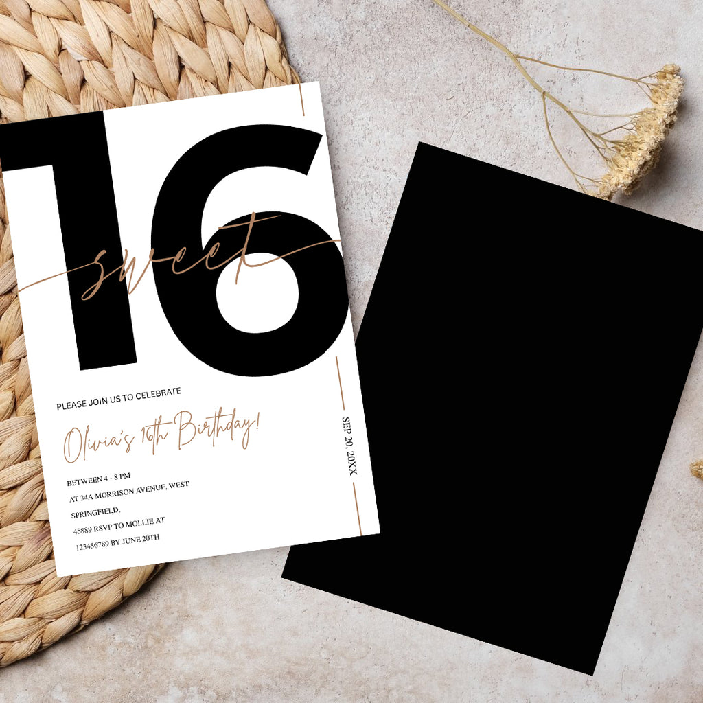 Modern White & Gold Sweet 16th Birthday Invitation – Editable Canva Template