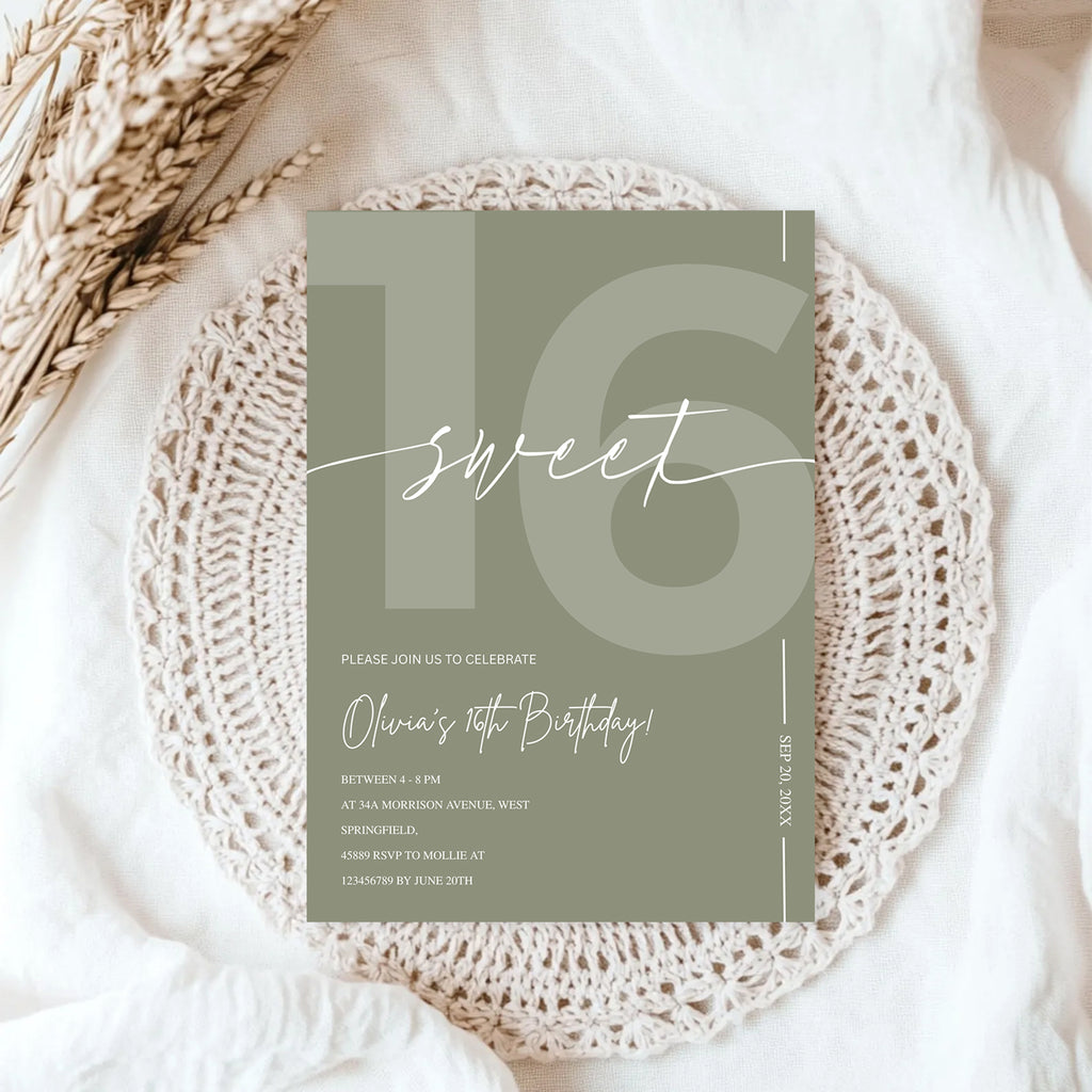 Modern Sage Green Sweet 16th Birthday Invitation – Editable Canva Template