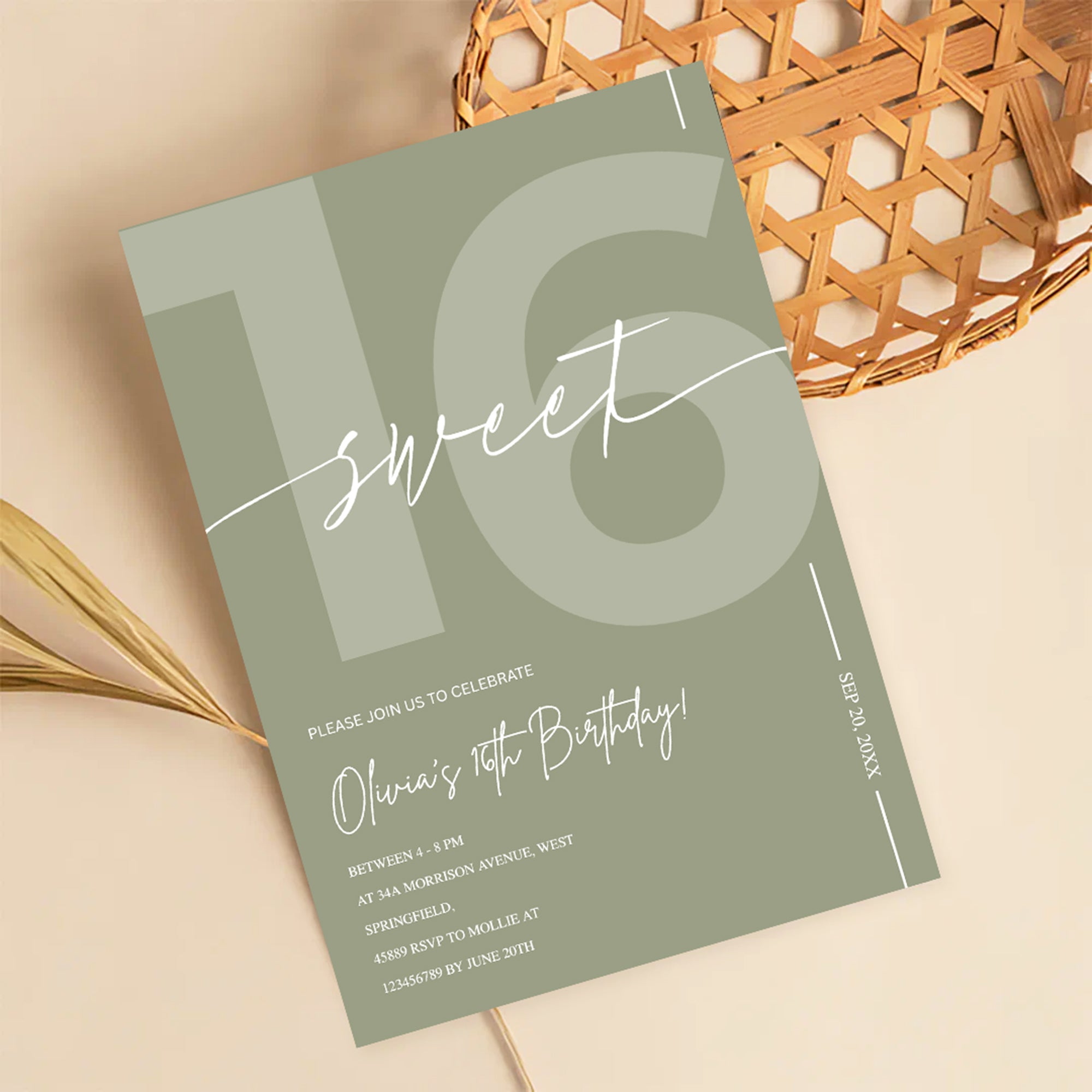 Modern Sage Green Sweet 16th Birthday Invitation – Editable Canva Template