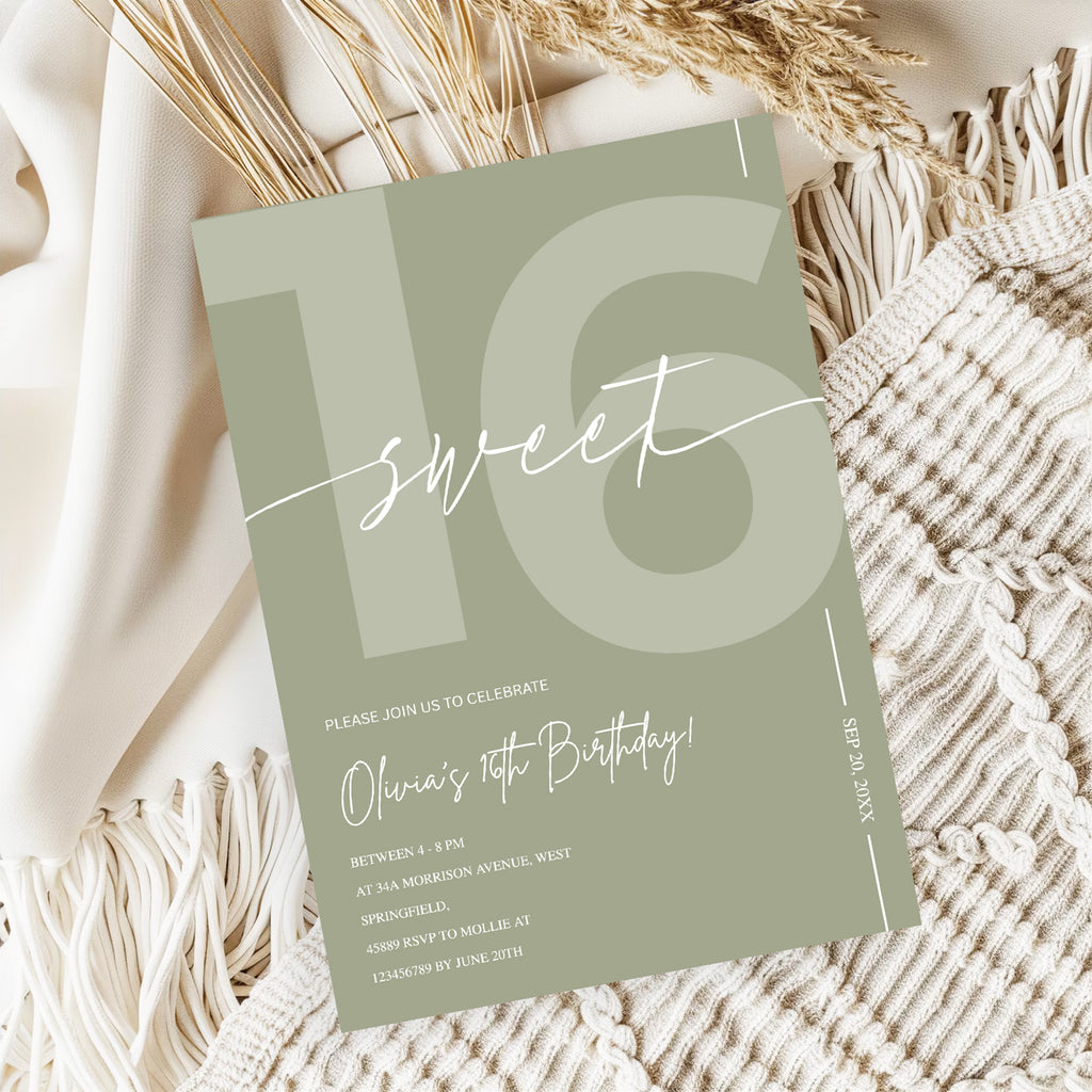 Modern Sage Green Sweet 16th Birthday Invitation – Editable Canva Template