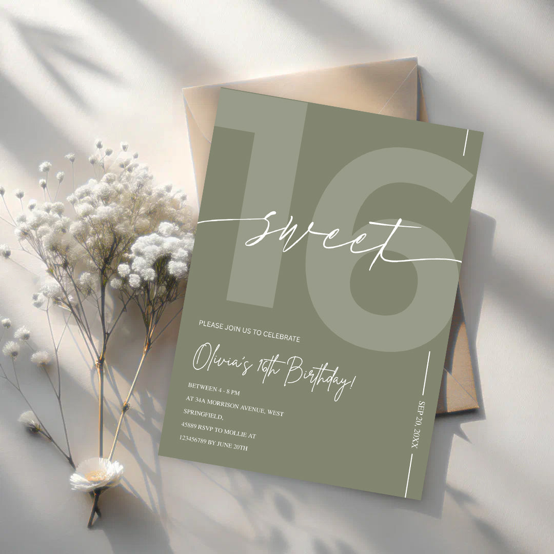 Modern Sage Green Sweet 16th Birthday Invitation – Editable Canva Template