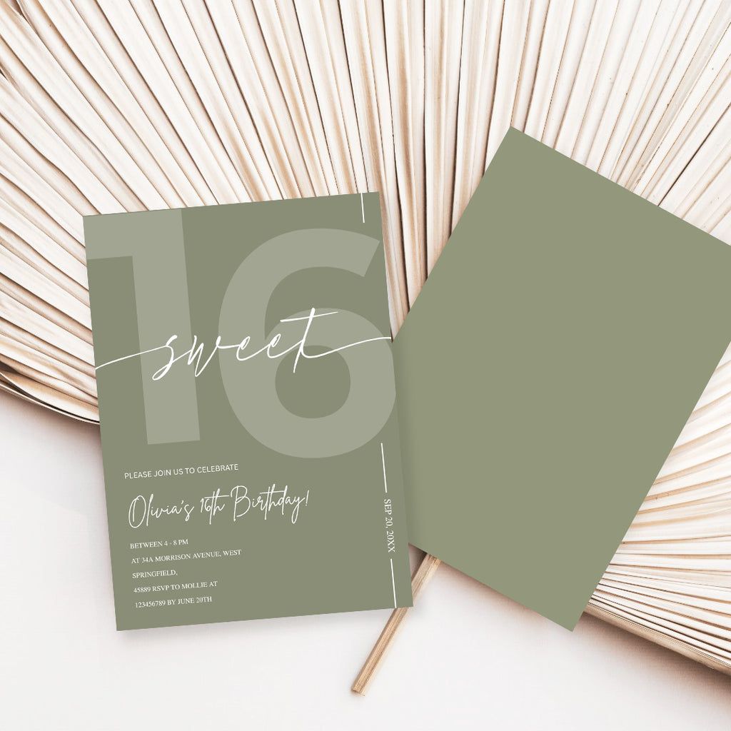 Modern Sage Green Sweet 16th Birthday Invitation – Editable Canva Template