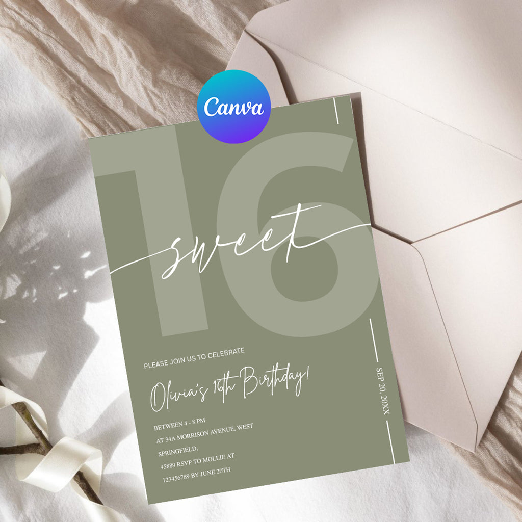 Modern Sage Green Sweet 16th Birthday Invitation – Editable Canva Template