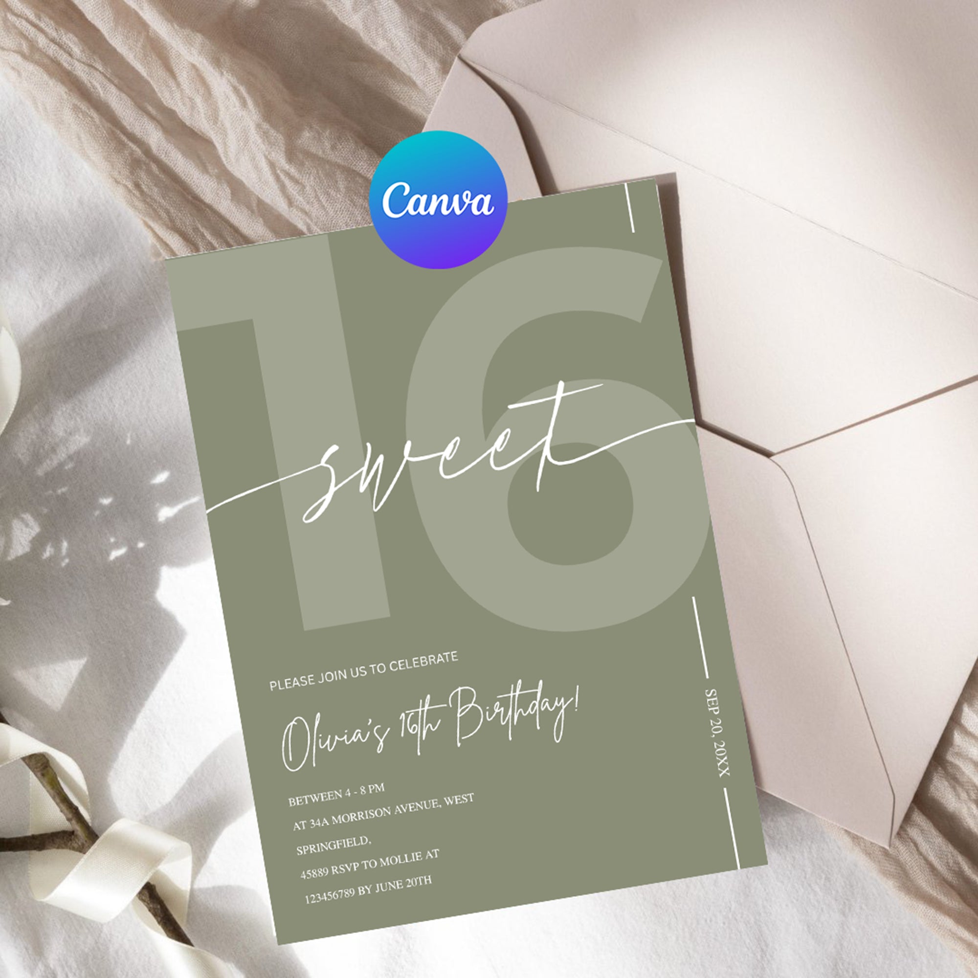 Modern Sage Green Sweet 16th Birthday Invitation – Editable Canva Template