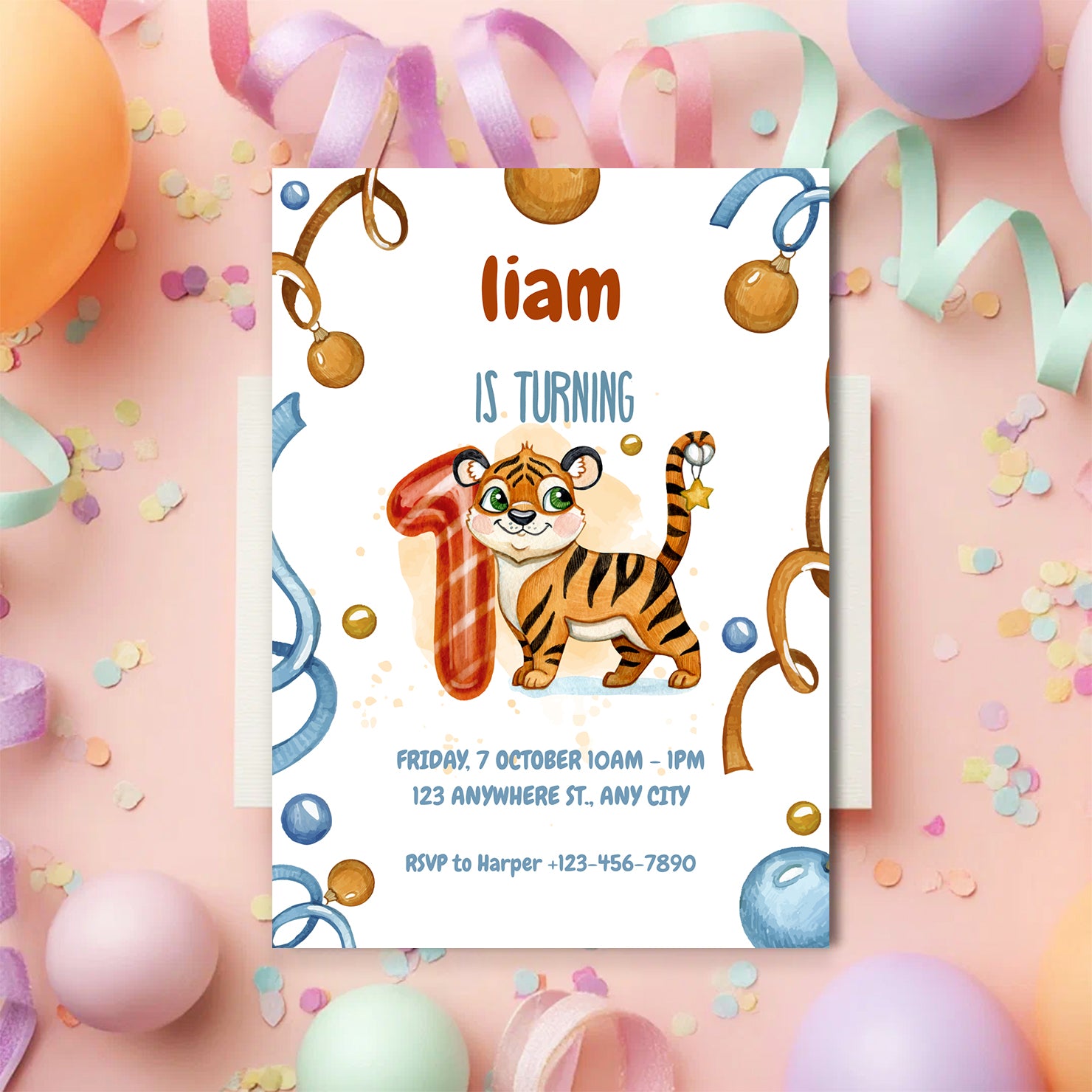 Wild & Cute Tiger 1st Birthday Invitation – Editable Canva Template