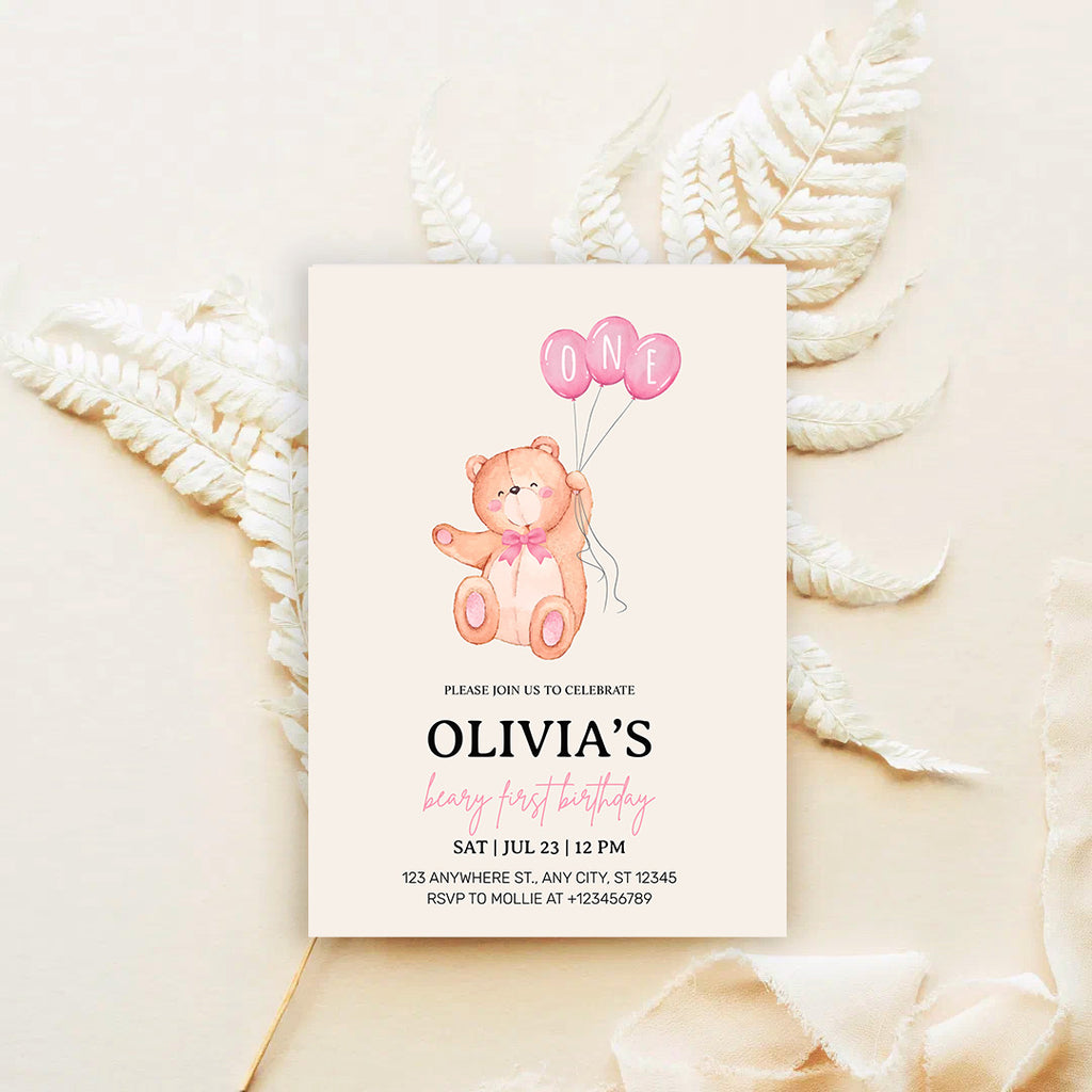 Beary First Pink Balloon 1st Birthday Teddy Invitation – Editable Canva Template