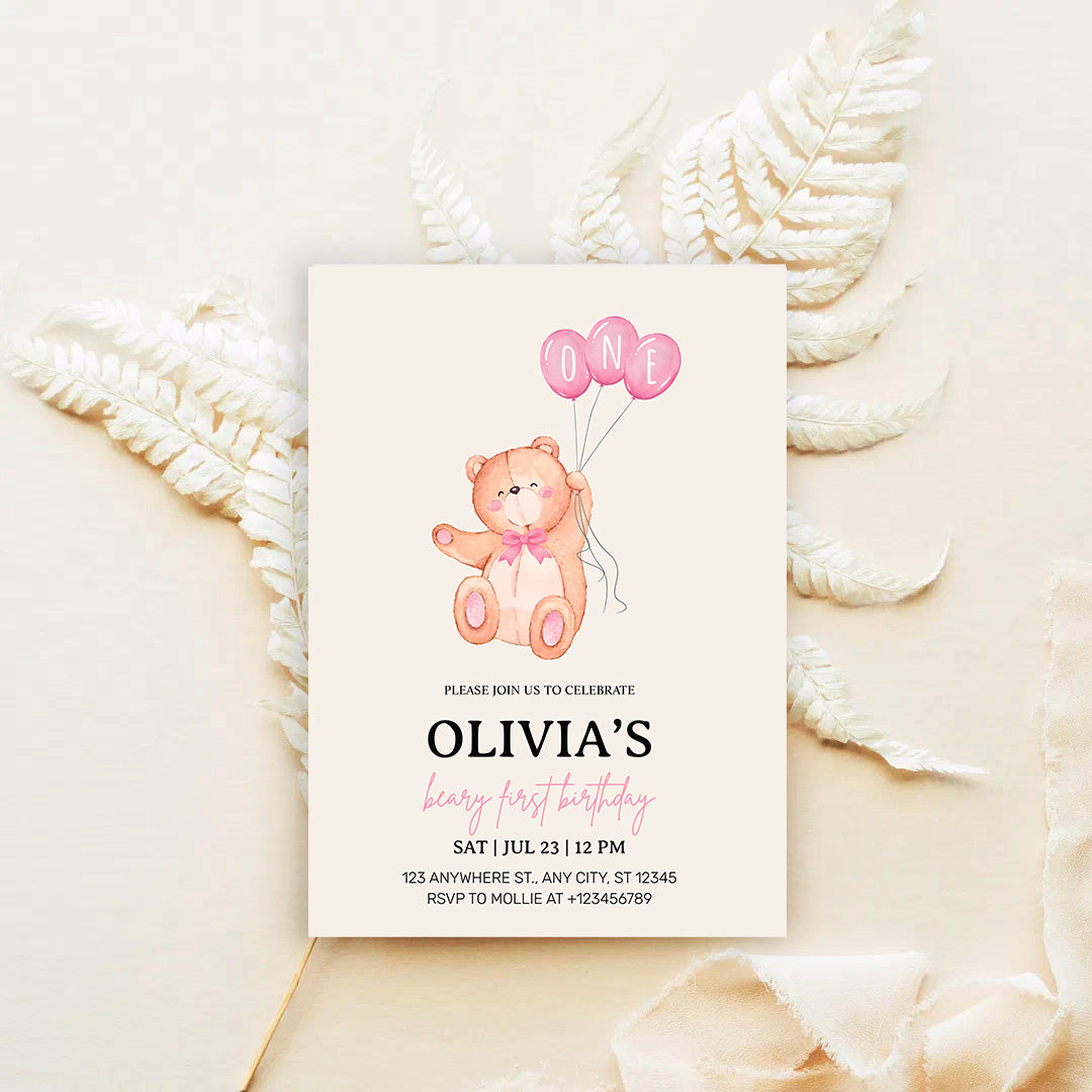 Beary First Pink Balloon 1st Birthday Teddy Invitation – Editable Canva Template