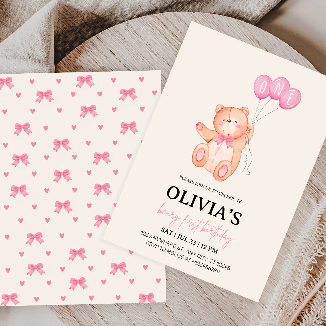 Beary First Pink Balloon 1st Birthday Teddy Invitation – Editable Canva Template