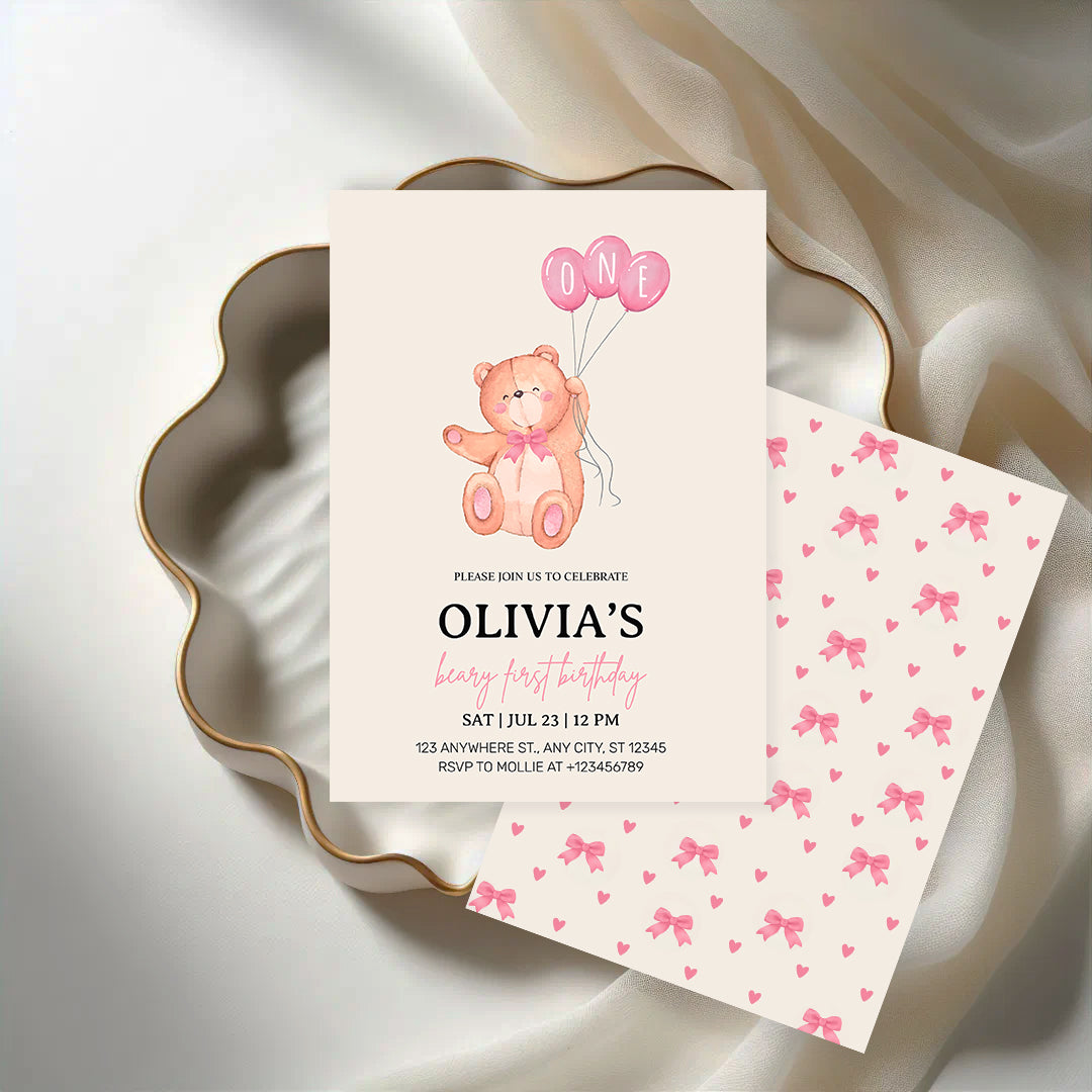 Beary First Pink Balloon 1st Birthday Teddy Invitation – Editable Canva Template