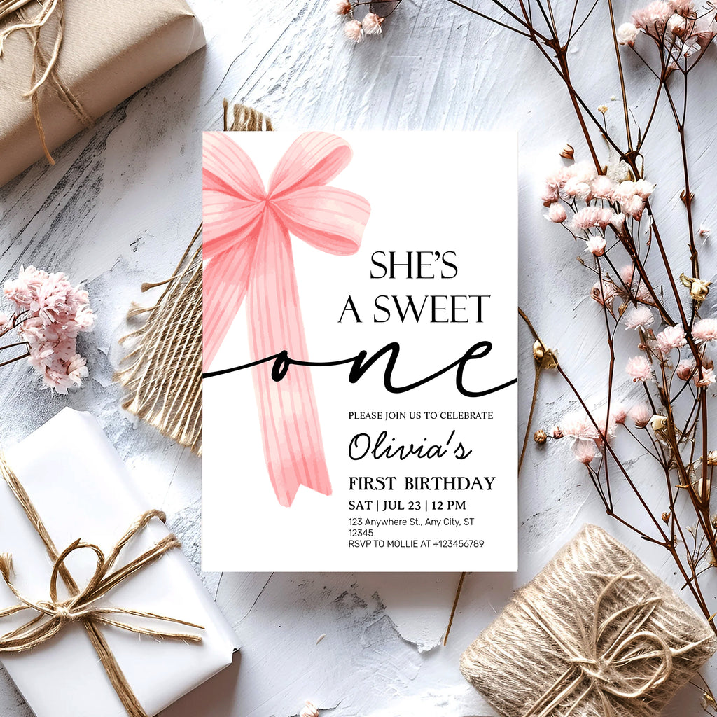 Pink Bow 1st Birthday Invitation – Editable Canva Template