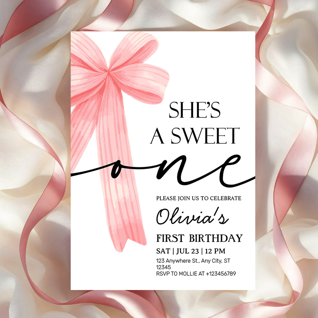 Pink Bow 1st Birthday Invitation – Editable Canva Template
