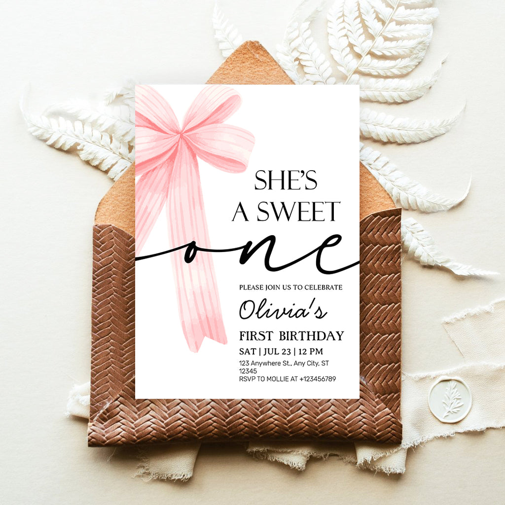 Pink Bow 1st Birthday Invitation – Editable Canva Template
