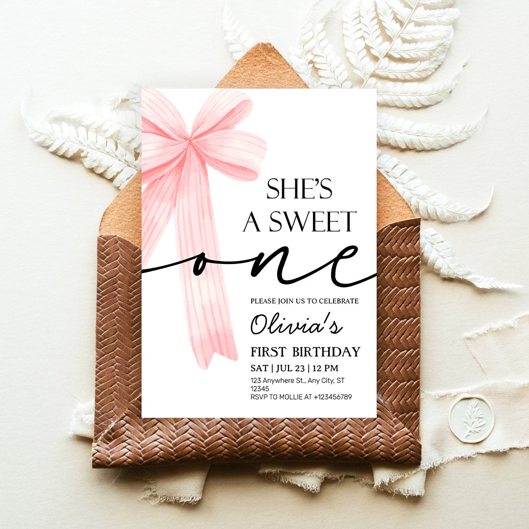 Pink Bow 1st Birthday Invitation – Editable Canva Template